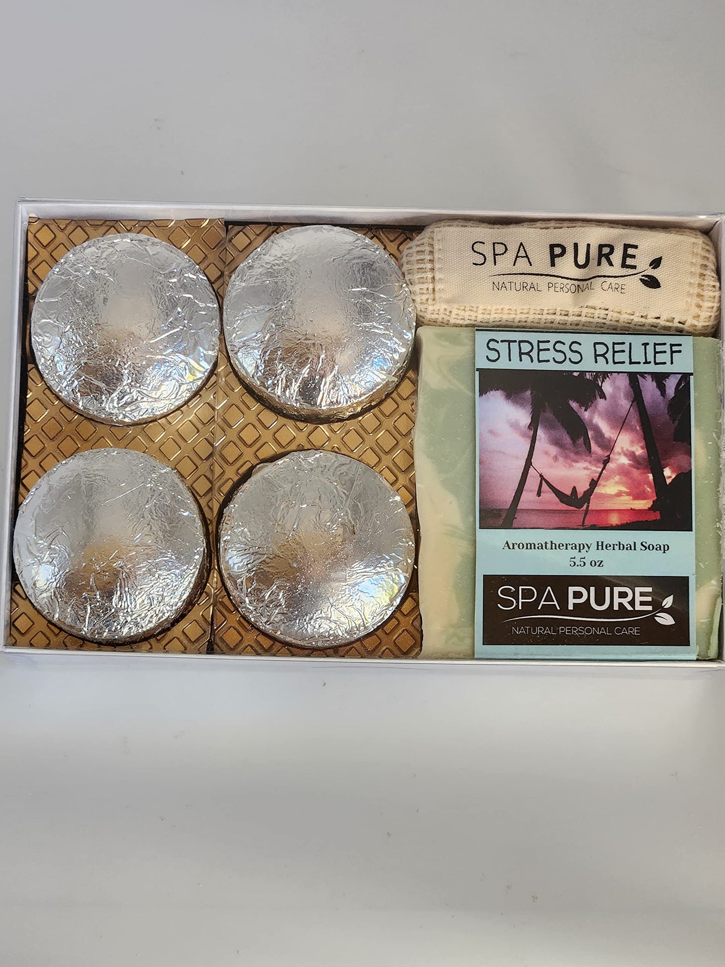 Spa Pure Aromatherapy Gift Set - Stress Relief Artisan Soap & 4 Shower Steamers - Made with Plant Based Ingredients - Cotton Shower Bag & Soap Bag Beauty and Personal Care Spa Pure
