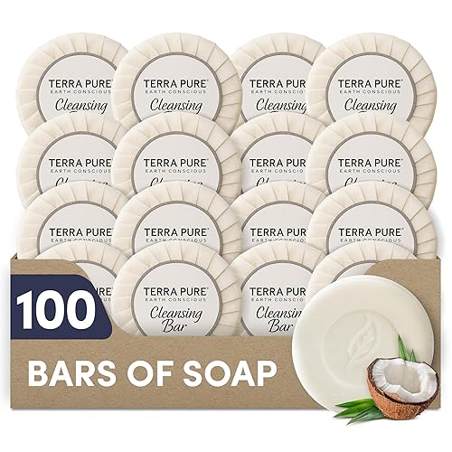Travel Size Hotel Bar Soap 100 Count 0.6 oz Bars Guest Amenities for Hotels Vacation Rentals & Short Term Rentals Paraben Free White Tea & Coconut Beauty & Personal Care Terra Pure