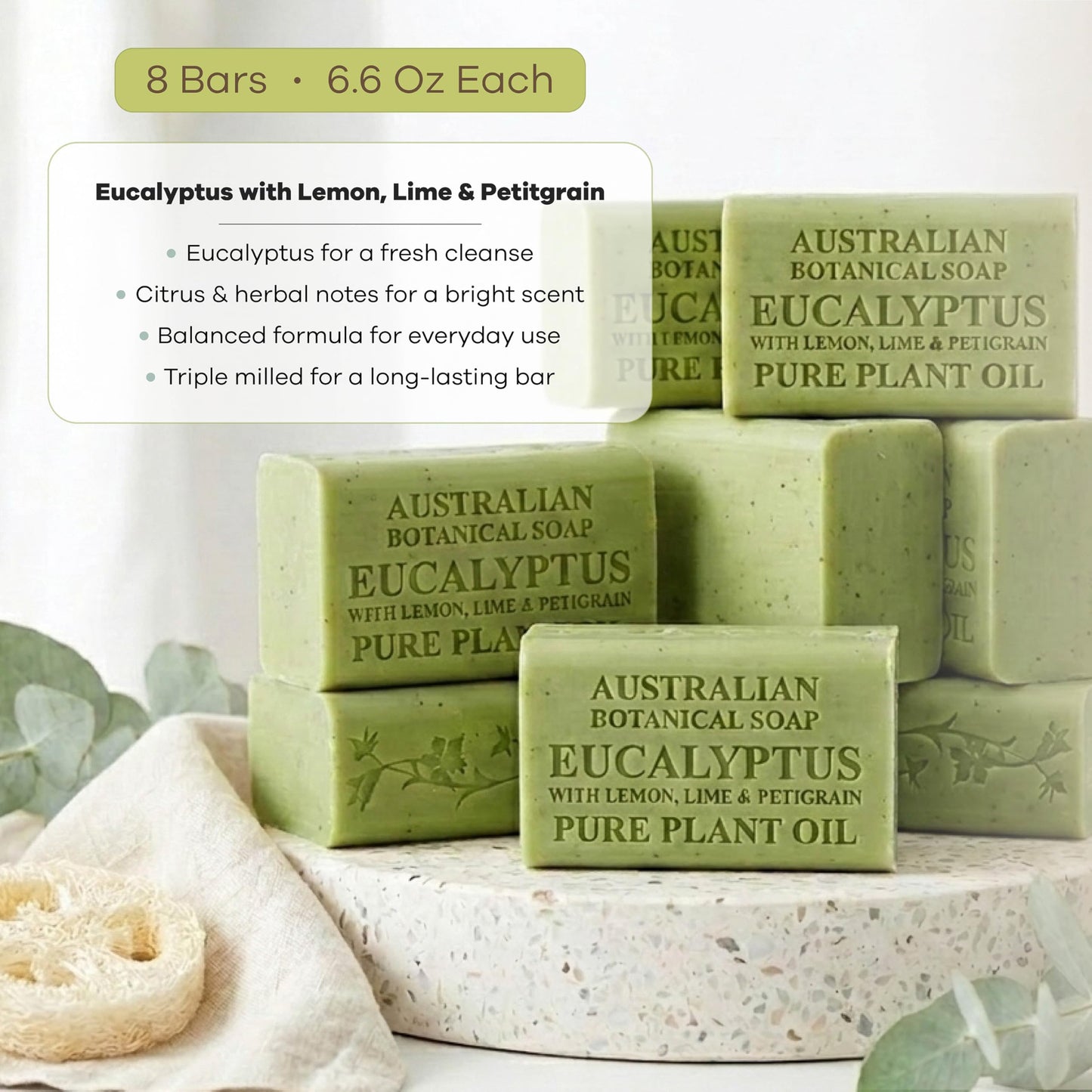 Australian Botanical Soap, 6.6 OZ, Eucalyptus, Lemon, Lime, and Petitgrain, Triple Milled Bars made with a Natural Soap Base and Enriched with Organic Beauty & Personal Care Australian Botanical Soap