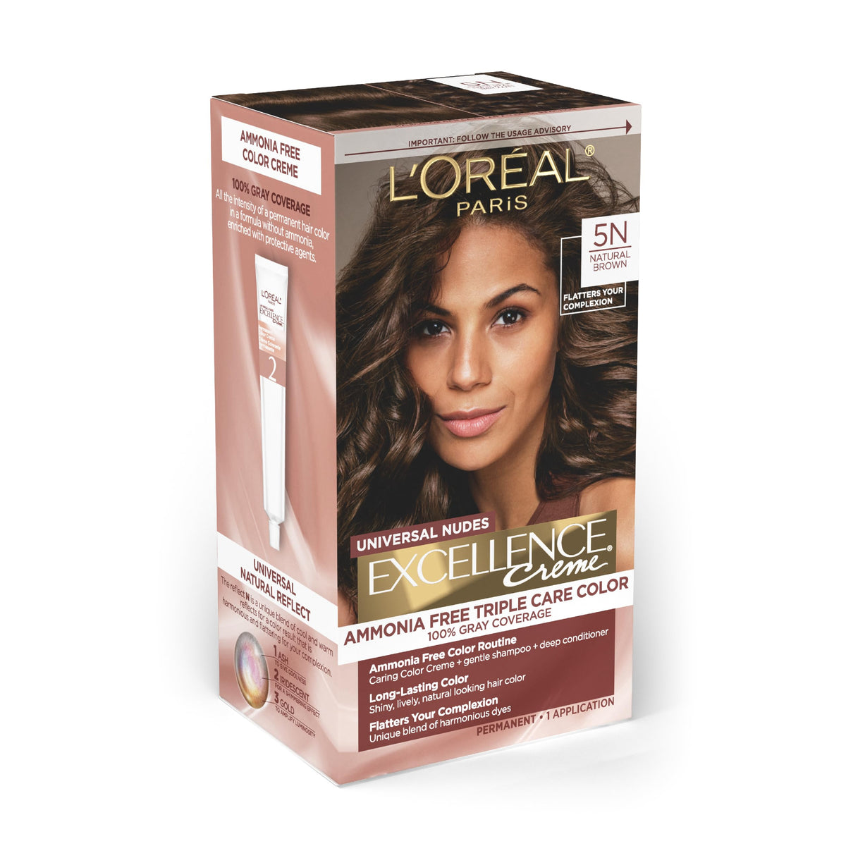 L’Oreal Paris Excellence Universal Nudes Permanent Hair Color, Ammonia Free Hair Dye for Gray Hair Coverage, 5N Natural Brown, 1 Hair Dye Kit