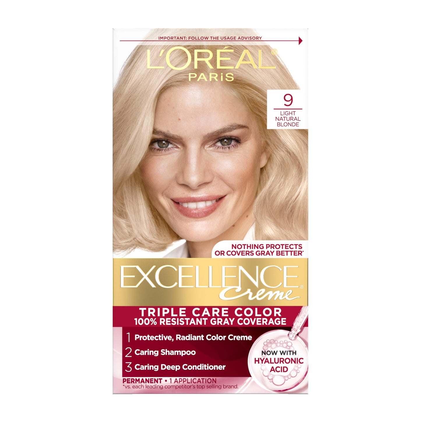 L'Oreal Paris Excellence Crème Permanent Hair Dye, Triple Care Hair Color with Hyaluronic Acid for 100% Gray Coverage, 9 Light Natural Blonde, 1 Kit Beauty & Personal Care L'Oreal Paris