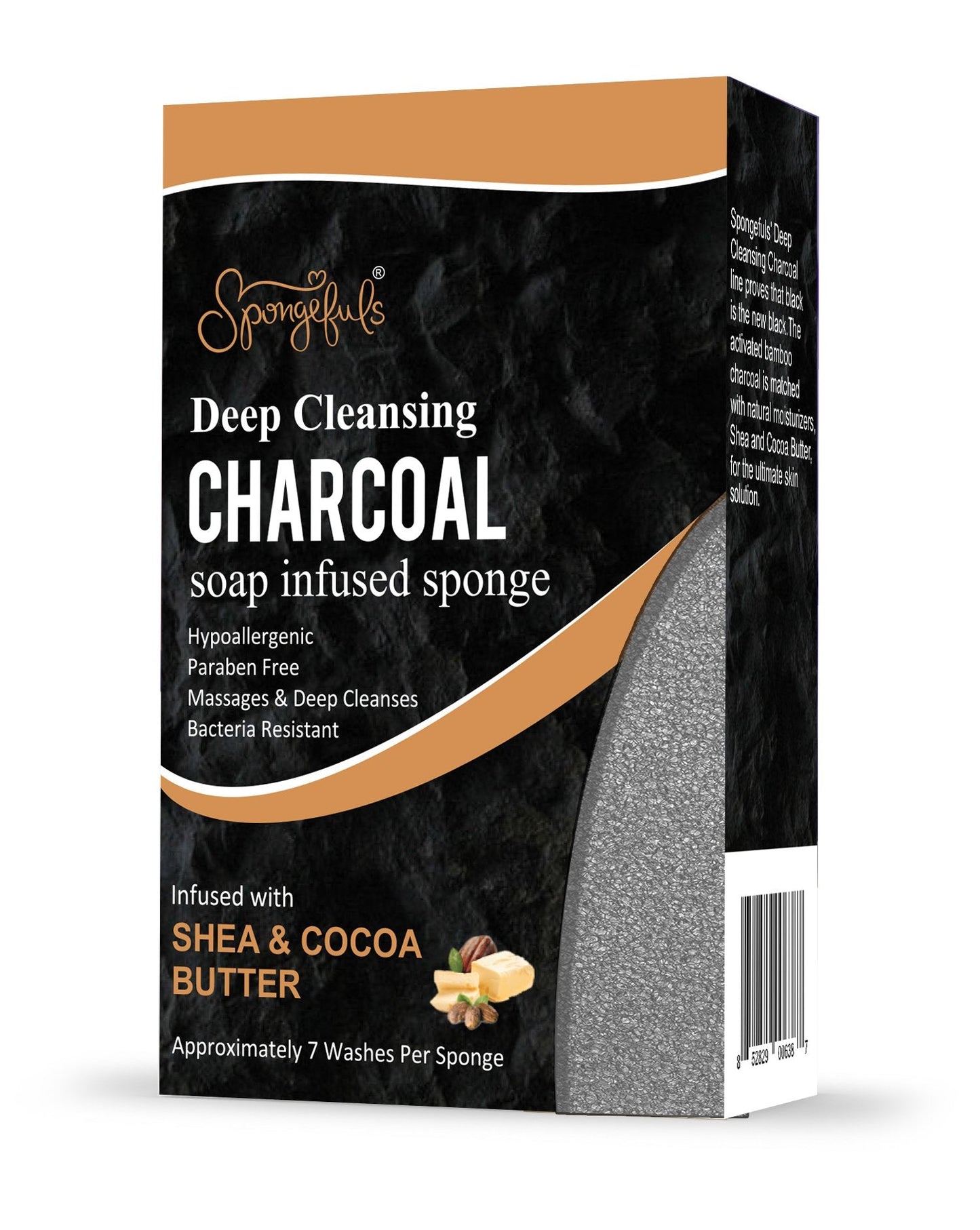 Charcoal Detoxifying Soap Infused Sponge with Shea and Cocoa Butter and Activated Bamboo Charcoal for all Skin Types Spongefuls Beauty and Personal Care Spongefuls