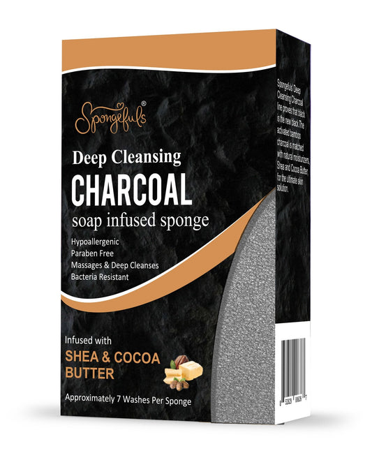 Charcoal Detoxifying Soap Infused Sponge with Shea and Cocoa Butter and Activated Bamboo Charcoal for all Skin Types Spongefuls Beauty and Personal Care Spongefuls