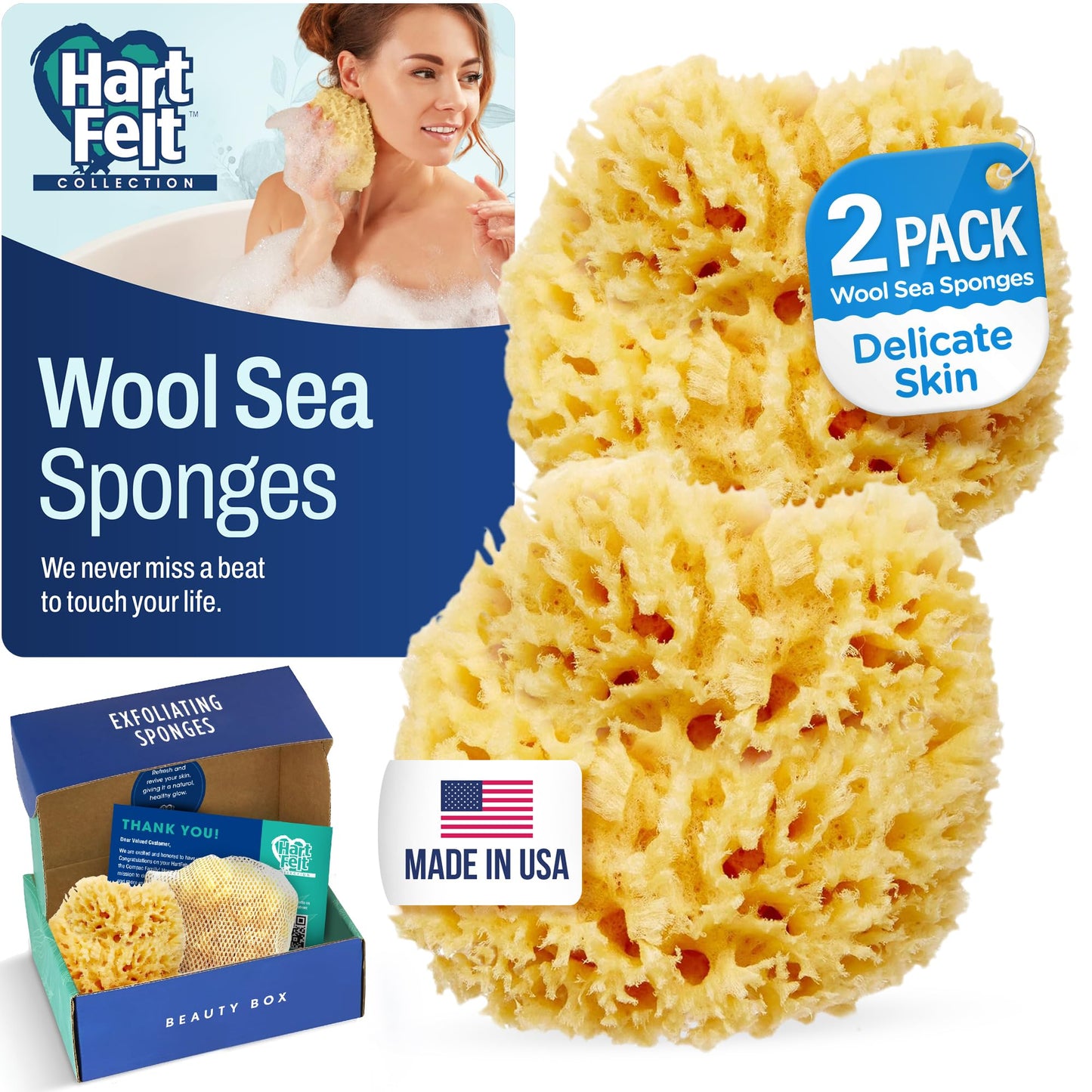 HartFelt Wool Sea Sponge Beauty Box for Delicate Skin - 2 Bath Sponges for Shower Women & Men 4 in - Natural Sponge with Mesh Bag for Cleaning Beauty and Personal Care HartFelt