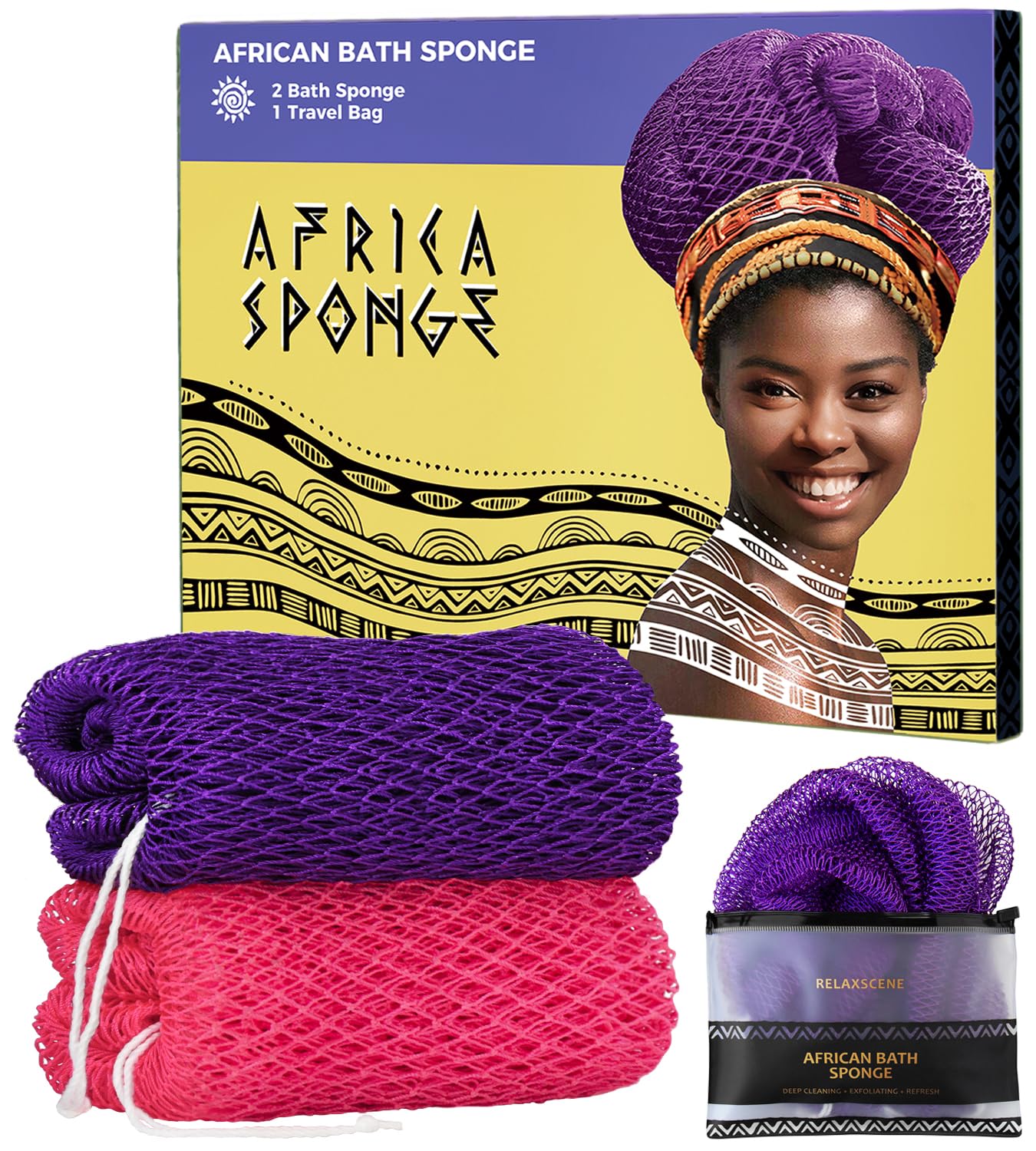 African Net Sponge Authentic - 2 Pieces Exfoliating Body Scrubber Bath Sponge - Loofah Washcloth Back Scrub for Shower Body Exfoliator - Face & Skin Beauty and Personal Care RelaxScene