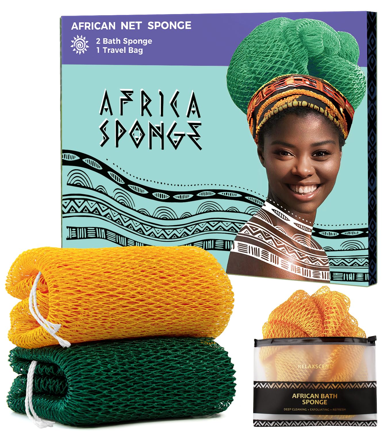 Real African Net Sponge - 2 Pieces Authentic African Wash Cloths for Showering - Exfoliating Body Sponges for Bathing Yellow & Forest - Back Scrub Beauty and Personal Care RelaxScene