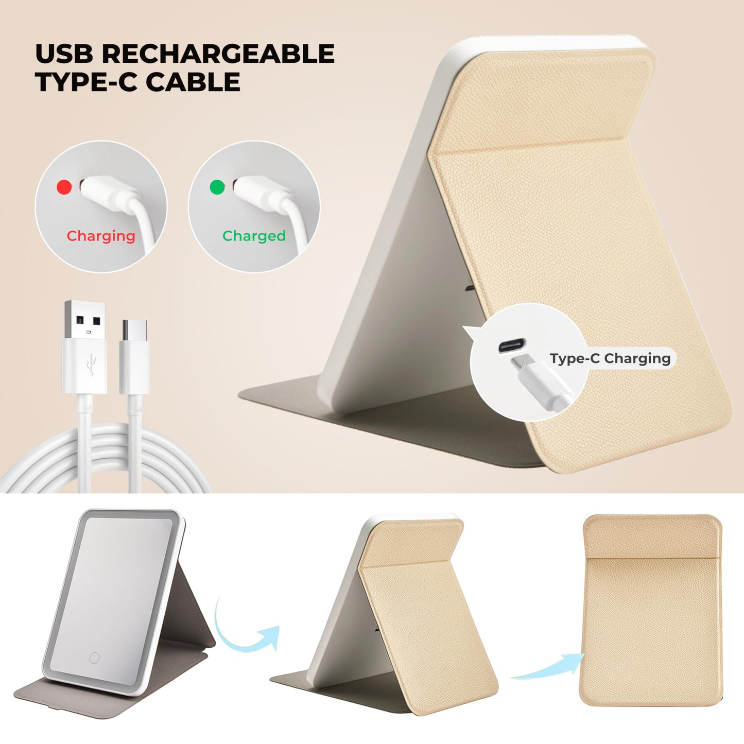 ZEVGANI Travel Lighted Makeup Mirror, 3-Color Dimmable LED Lighting, USB Rechargeable Light up Portable Tabletop Folding Vanity Cosmetic Mirror Beauty & Personal Care ZEVGANI