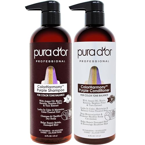 PURA D'OR Purple Shampoo & Conditioner (16oz x 2) ColorHarmony Biotin Set For Bleached, Blonde, Silver & Color Treated Hair - Keratin, Bamboo Fiber Beauty & Personal Care PURA D'OR
