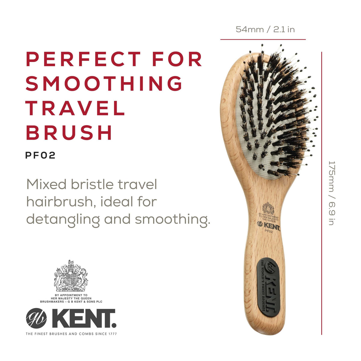 Kent PF02 Small Cushion Detangler Brush - Boar Bristle & Nylon Mix for Smoothing and Straightening Oval Wood Paddle for Medium to Long Hair