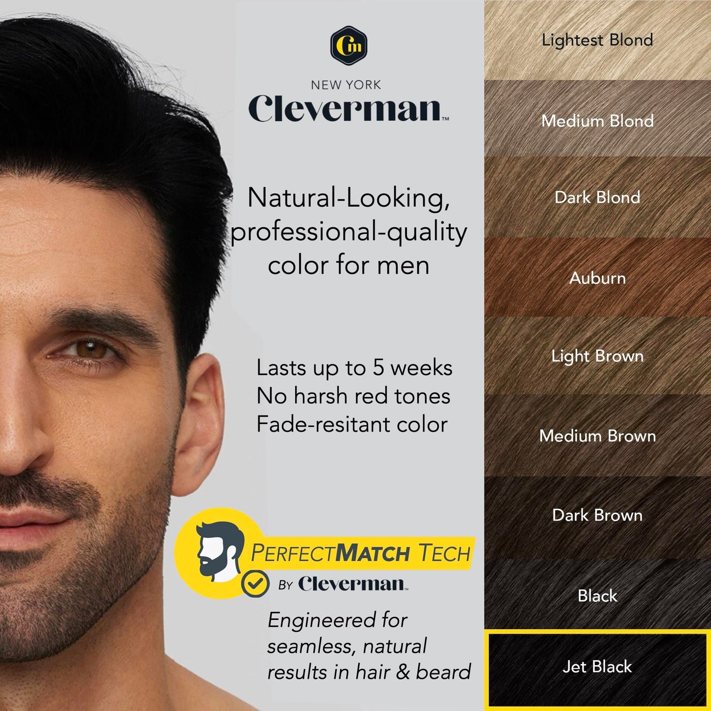 Reusable Hair & Beard Dye for Men - Jet Black 1.7 | Up to 5 Uses, 7 Minutes | Natural Gray Coverage, No-Drip Cream with SkinArmour® - Cleverman Beauty & Personal Care CLEVERMAN