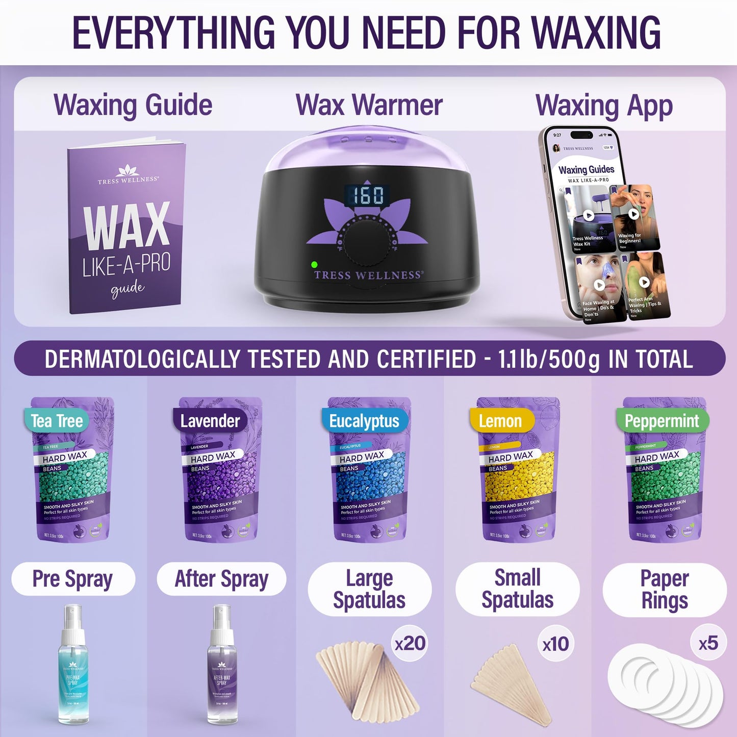 Tress Wellness Award Winning Waxing Kit for Sensitive Skin, Safe for Face & Skin, Easy to Use, At-Home Kit for Face, Bikini, Brazilian & Full Body Beauty and Personal Care Tress Wellness