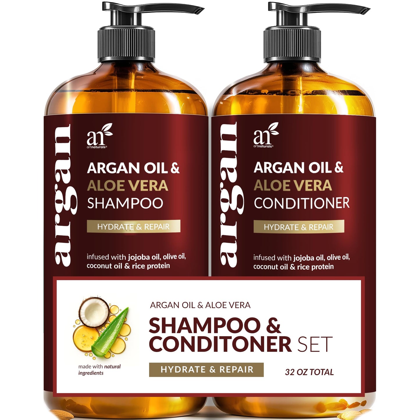 Argan Oil Shampoo and Conditioner Set - Sulfate-Free Formula with Nourishing Moroccan Oil and Keratin -for All Hair, Curly or Straight - Hydrate Beauty & Personal Care Artnaturals