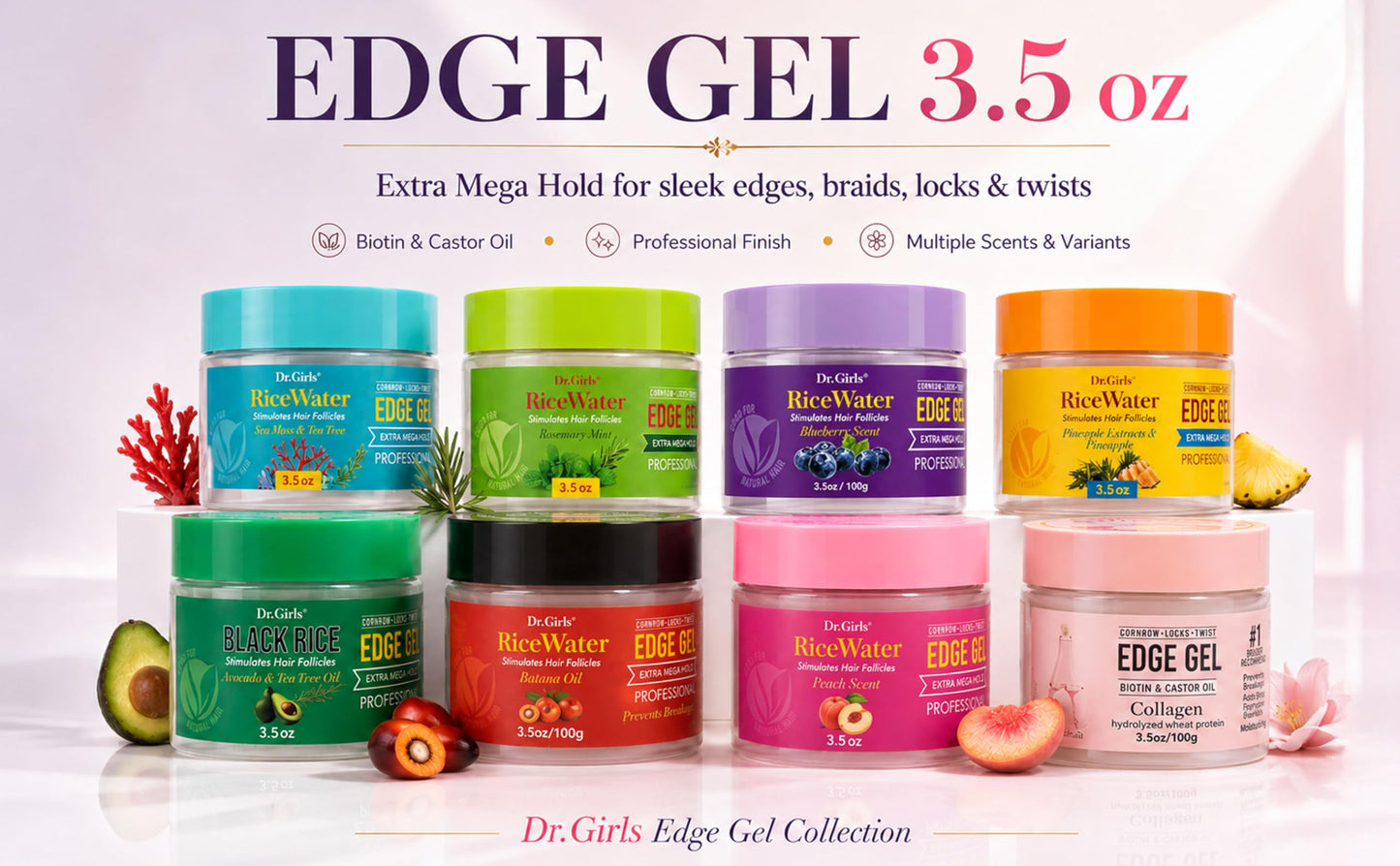 Dr. Girls Rice Water Edge Gel - Extra Mega Hold for Cornrows, Locs & Twists with Biotin, Castor Oil 3.5oz (Placenta Extracts & Pineapple) Beauty & Personal Care Dr.Girls