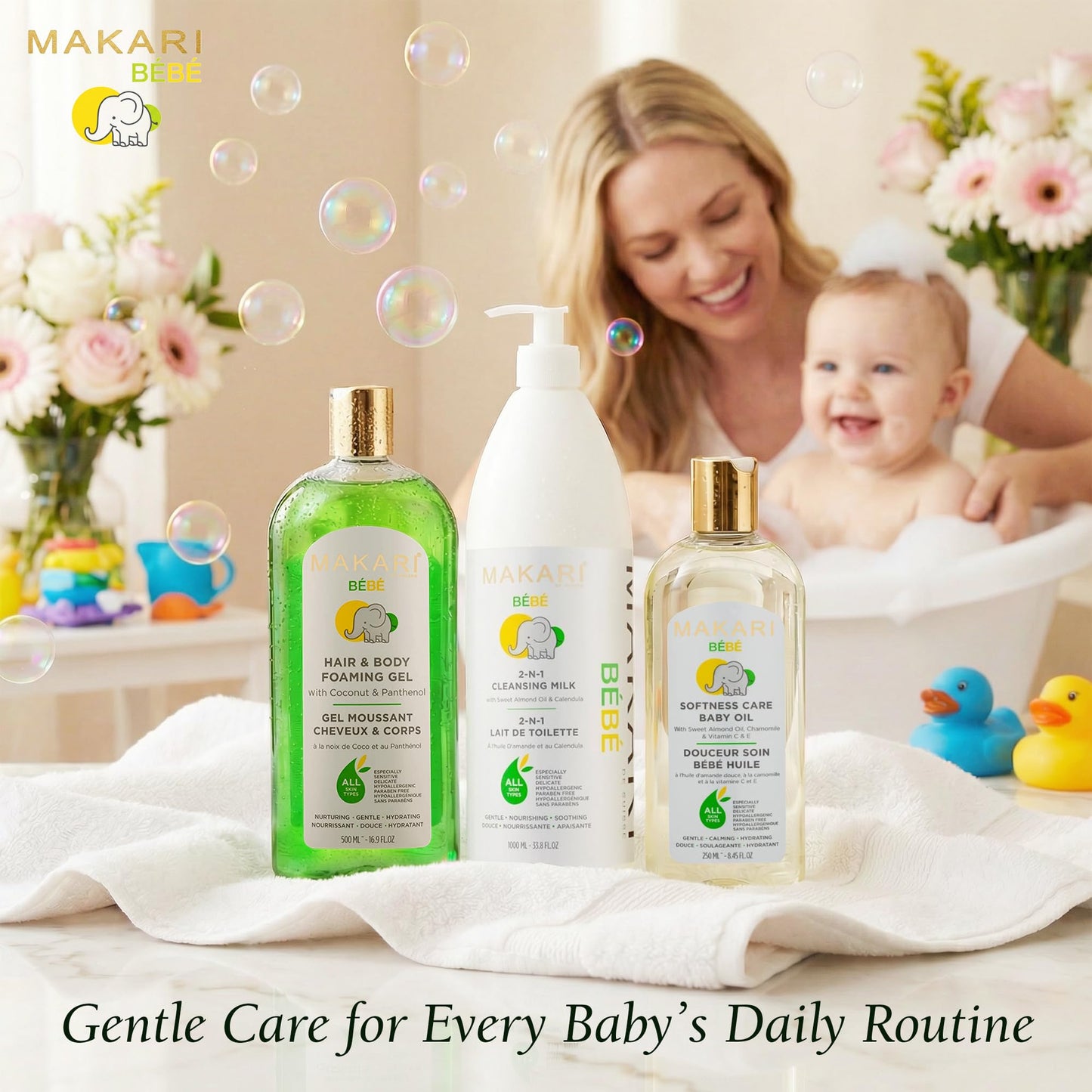 MAKARI Bebe 3-Piece Shower Gift Set - Foaming Gel, Cleansing Milk & Oil - Gentle, Nourishing Bath Routine for Newborn & Up - Hypoallergenic Beauty and Personal Care MAKARI