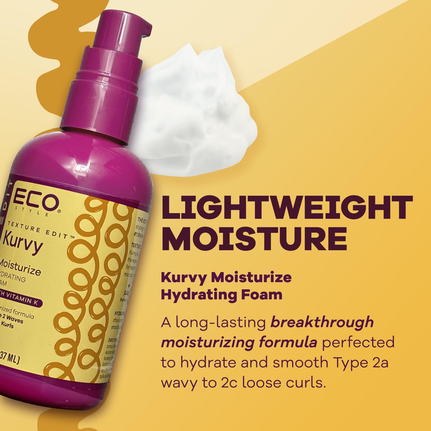 Eco Style, Texture Edit, Kurvy Moisturize Hydrating Foam for Type 2a to 2c wavy hair - Prep your hair for any style with lightweight leave in Beauty & Personal Care Eco Style