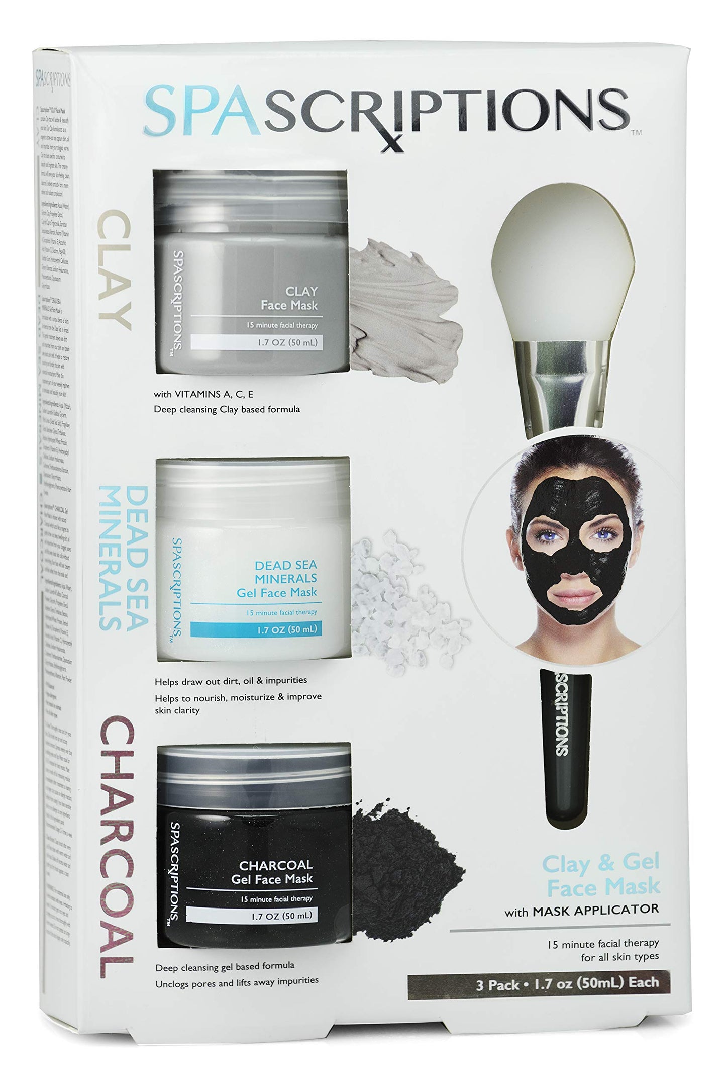 SpaScriptions Dead Sea, Charcoal, & Clay Gel Face Mask with Silicone Applicator - 3 Pack, 1.7 oz each Jar, 5.1 oz total Beauty & Personal Care SpaScriptions