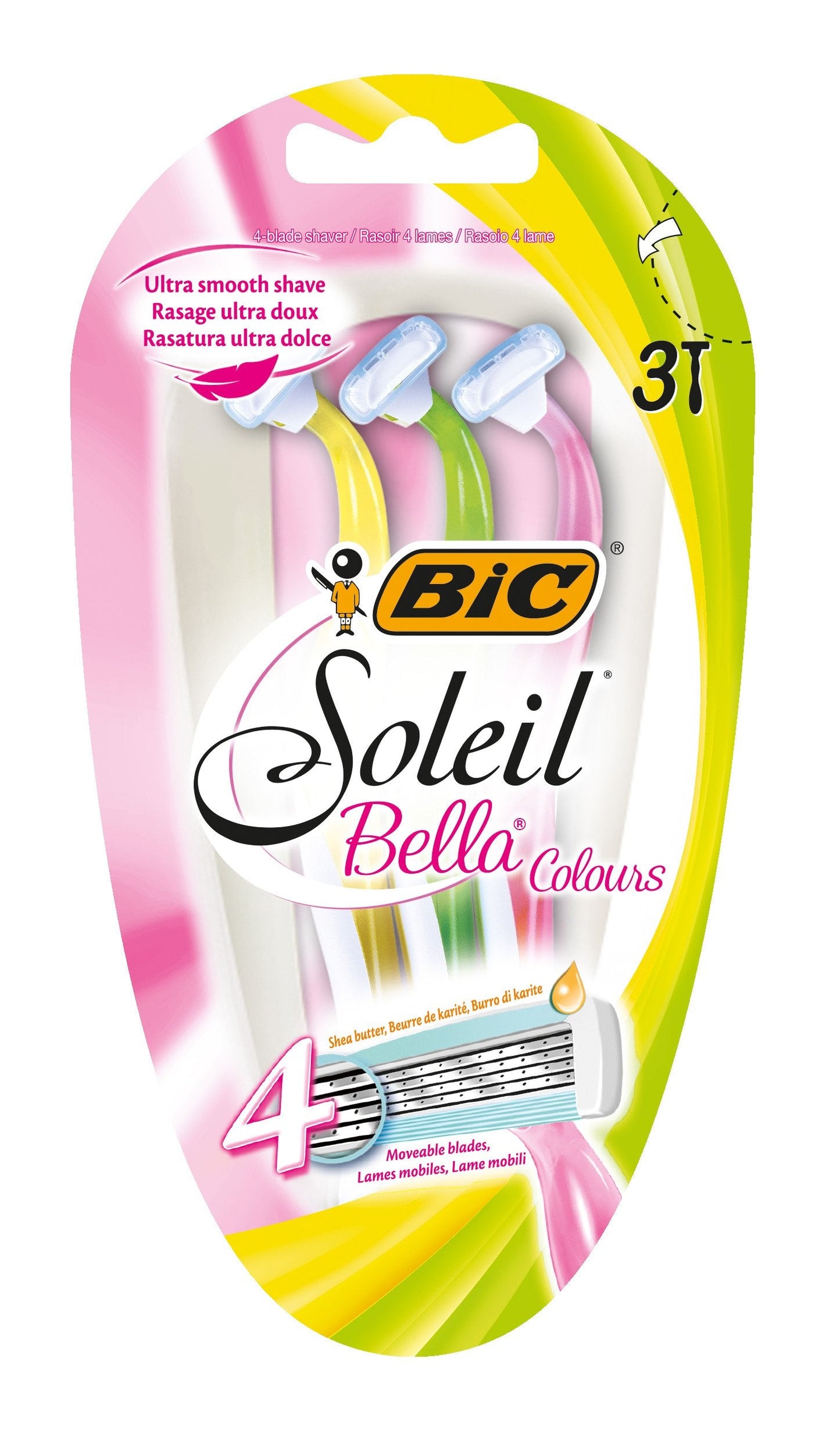BIC Soleil Bella Colours 4-Blade Lady Razors - Pack of 3 - Spring Mounted Blades with Pivoting Head for Ultra Smooth Shave Beauty and Personal Care BIC