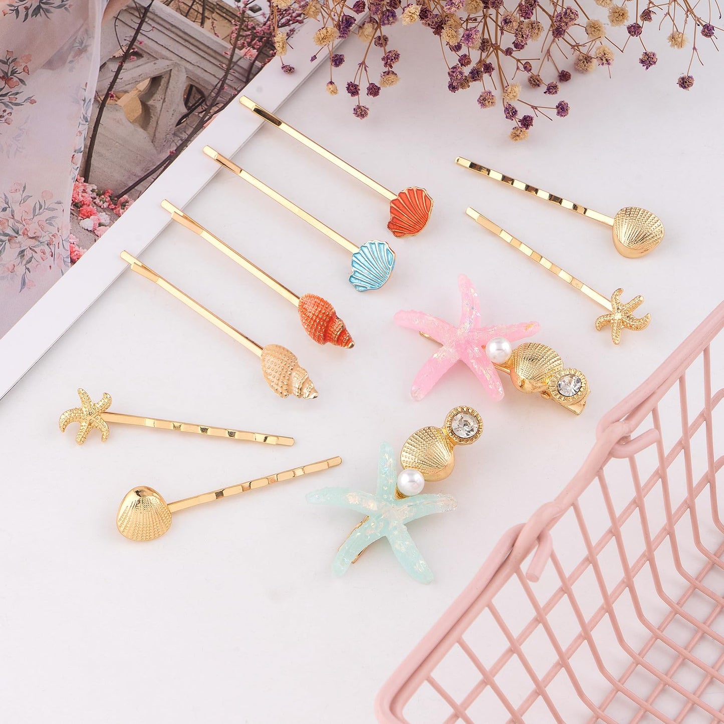 HINZIC 10 Pack Mermaid Starfish Hair Clips, Seashell Pearls Crystal Hair Sticks, Sparkling Sea Star Bobby Pins Ponytail Holder, Faux Wedding Headpiece Beauty & Personal Care HINZIC