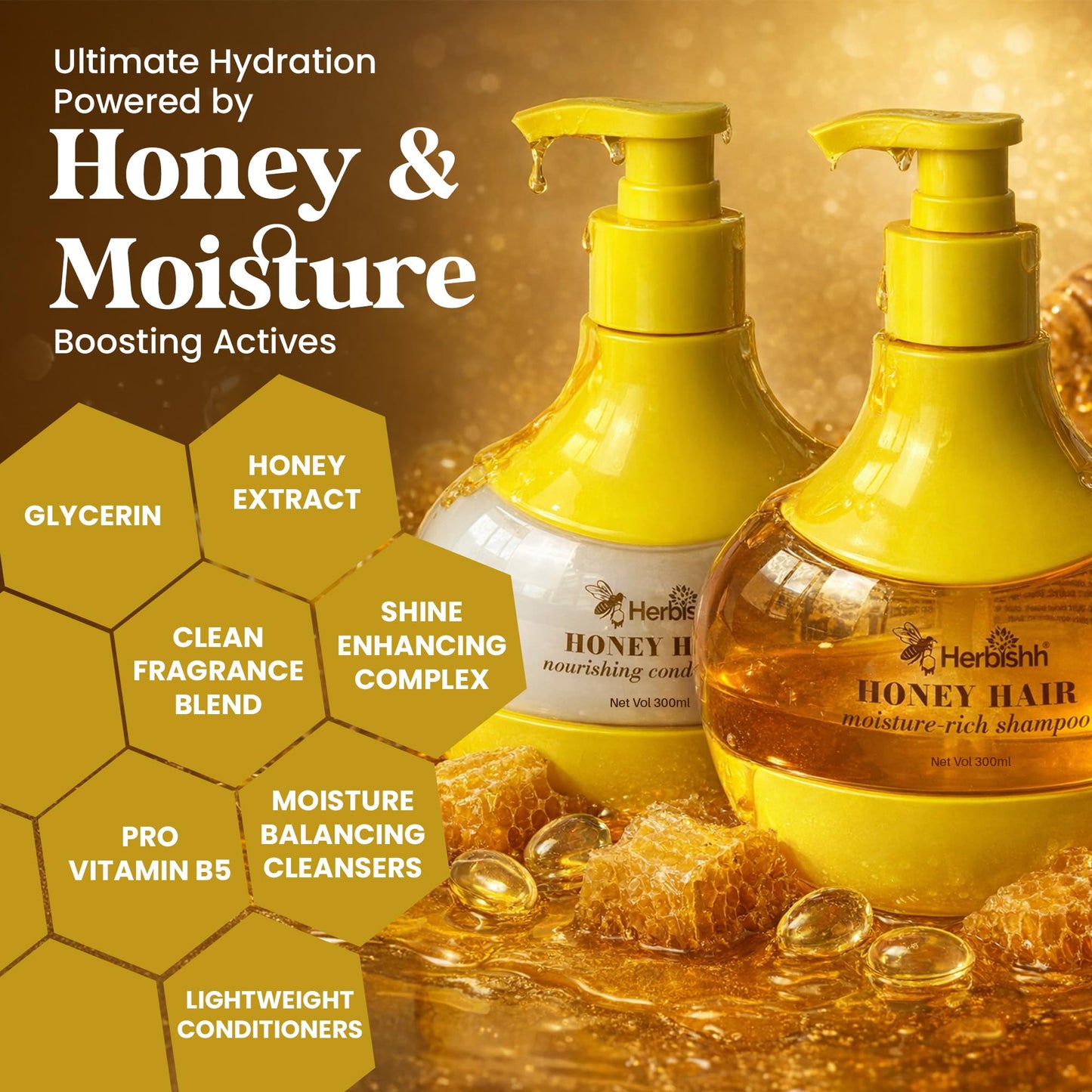 Herbishh Honey Shampoo & Conditioner Set (300 mL Each) Cleansing Shampoo for Buildup with Hydrating Conditioner for Dry & Damaged Hair, Shine Beauty & Personal Care Herbishh