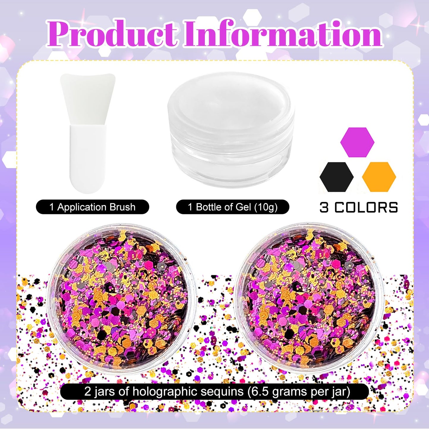 Black Orange Purple Mixed Holographic Chunky Glitter, 13g (2 Jars x 6.5g) Crafts Glitter Powder with 10g Gel and Brush, Halloween Iridescent Nail Beauty & Personal Care Jremreo