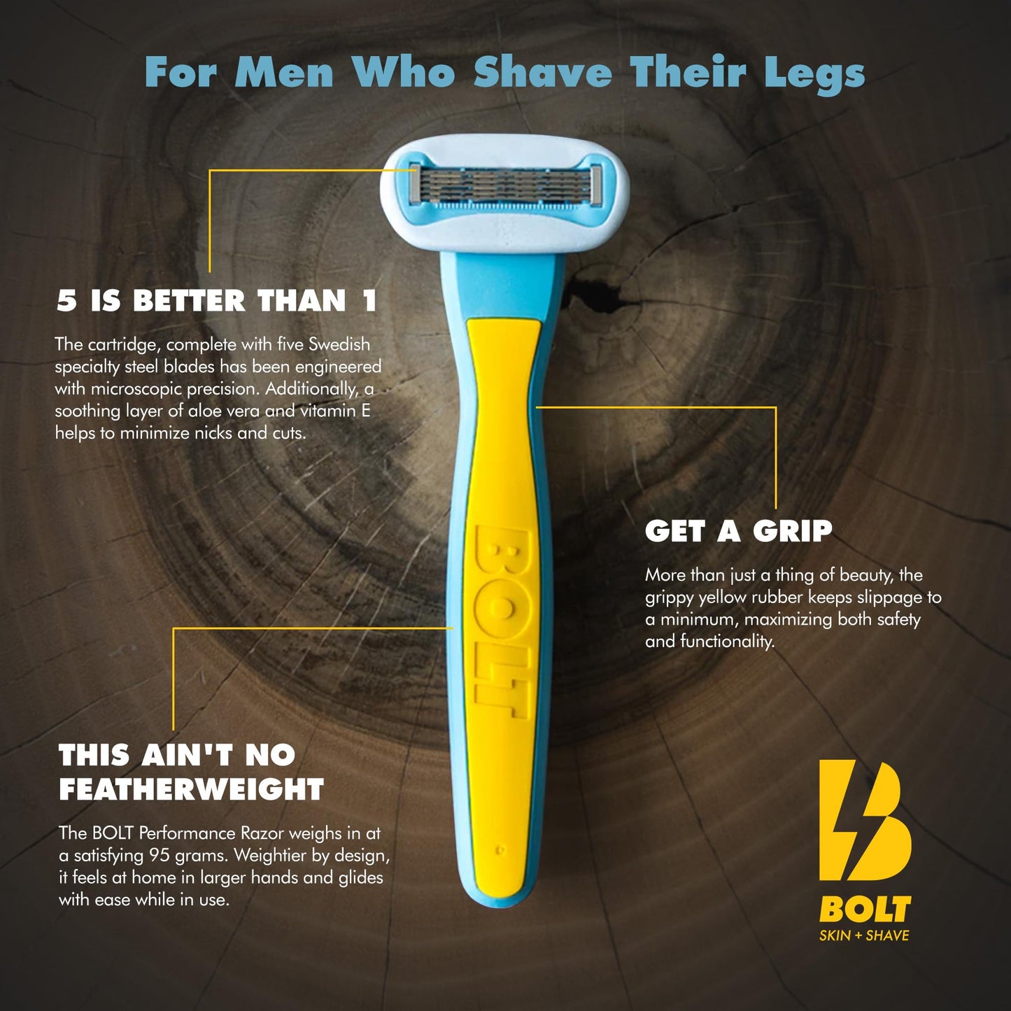 Bolt Skin + Shave - Cartridge Refill Box -5-Blade Replacements for BOLT Razor - Swedish Steel with Aloe Vera and Vitamin E for Coarse Hair -Pack of 3 Beauty and Personal Care BOLT SKIN + SHAVE