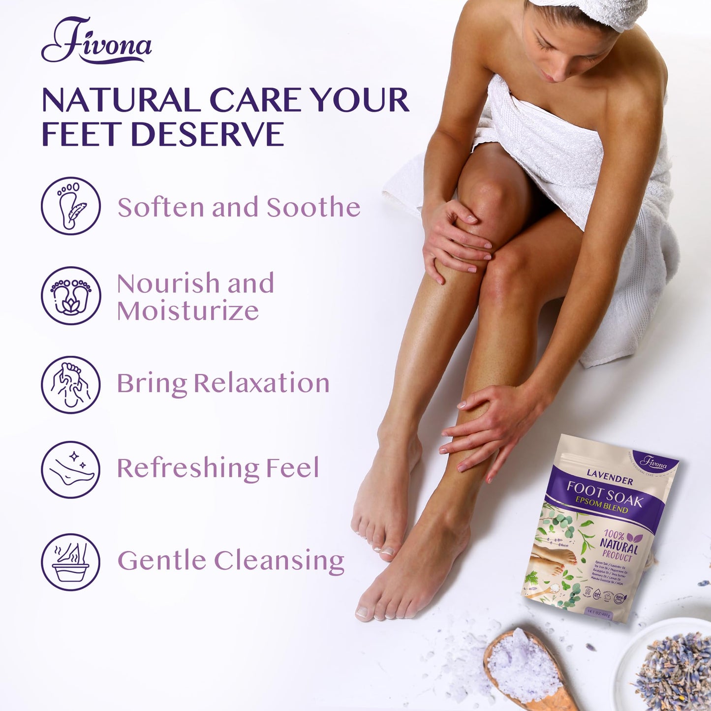 Fivona Foot Soak Blend Epsom Salt with Lavender 14.1 oz - Calming Foot Bath Salt, Relax & Renew Tired Feet, Soothe Soreness, Soften Calluses Beauty and Personal Care FIVONA