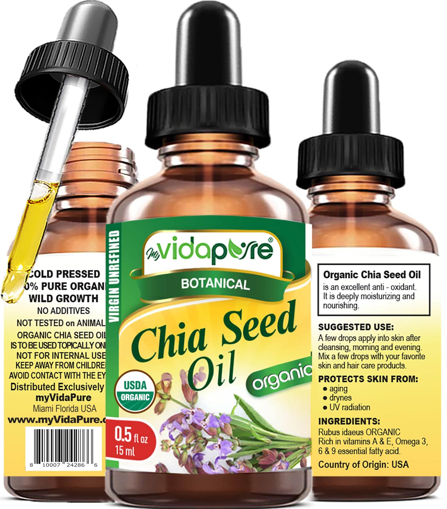 MYVIDAPURE Organic CHIA SEED OIL Certified Organic 100% Natural Pure VIRGIN UNREFINED Undiluted Cold Pressed Carrier Oil for Face Skin Body Hair Lip Beauty & Personal Care MYVIDAPURE