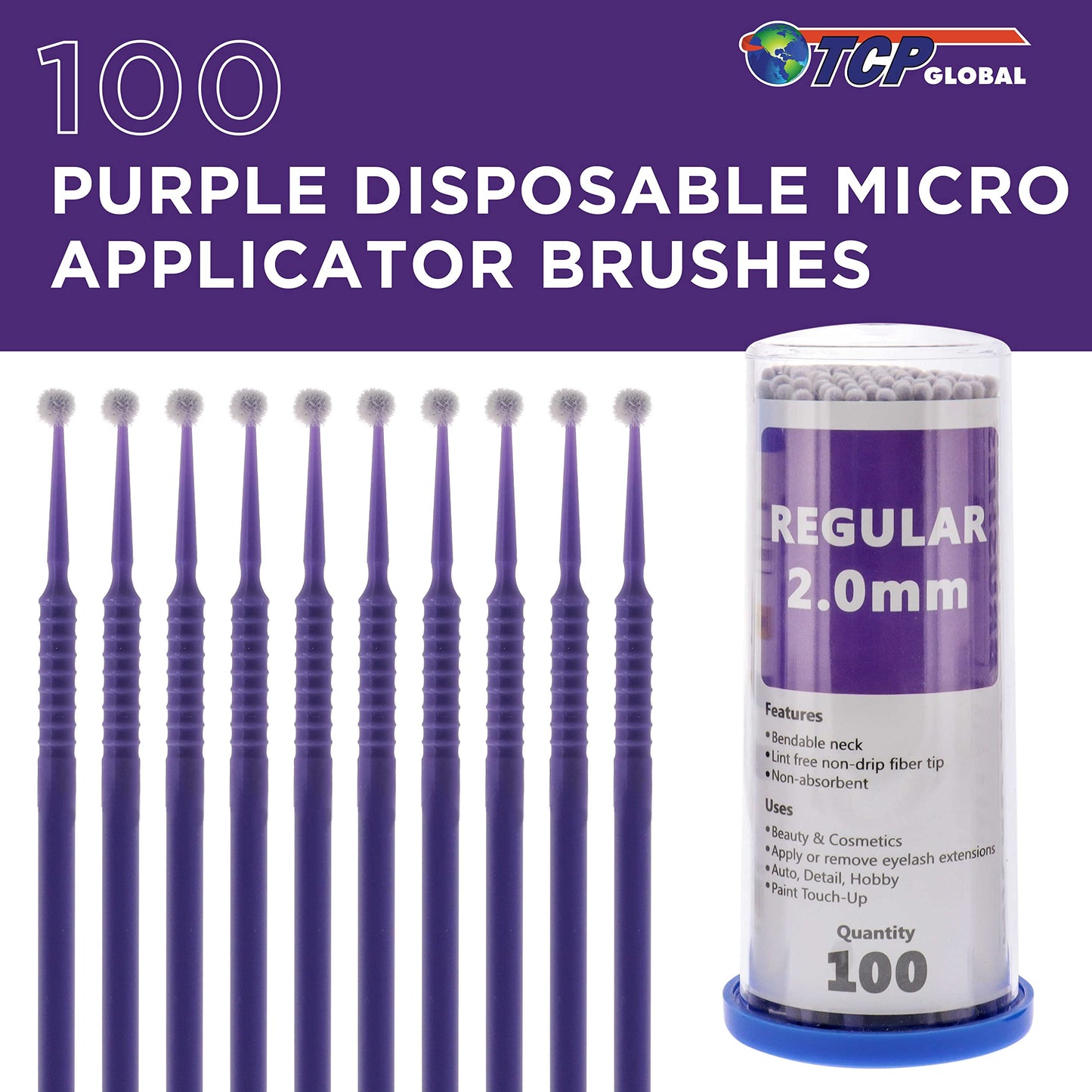 TCP Global Eyelash Extension Micro Brushes, 100 Medium 2.0 mm Tip Size Purple Disposable Brush Applicators - Apply Makeup, Paint Touch Up Beauty & Personal Care TCP Global
