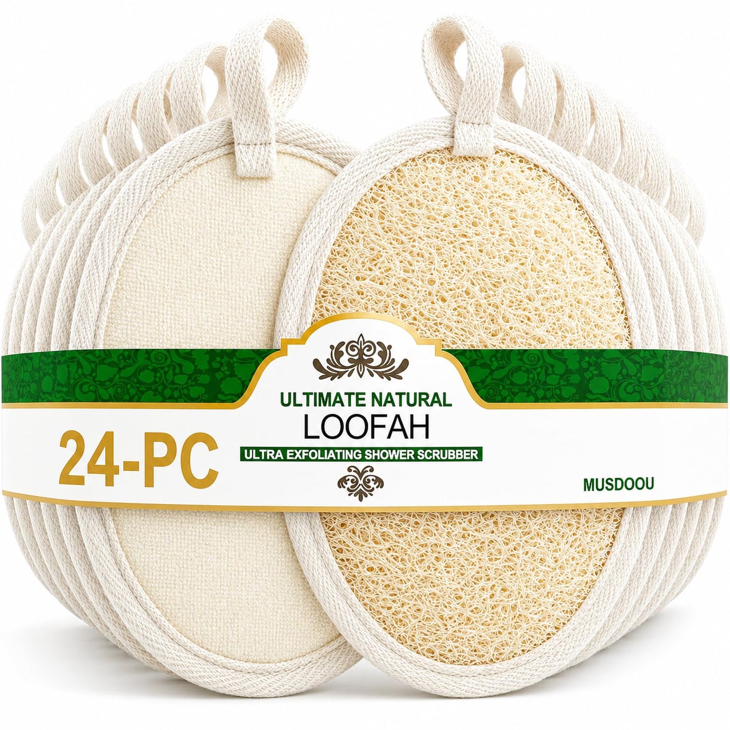 Natural Loofah Exfoliating Body Scrubber Pads, 24 Pack Dual Sided Shower Bath Loofah Sponge, Gentle Exfoliating Body Scrub for Men Women Full Body Beauty and Personal Care MUSDOOU