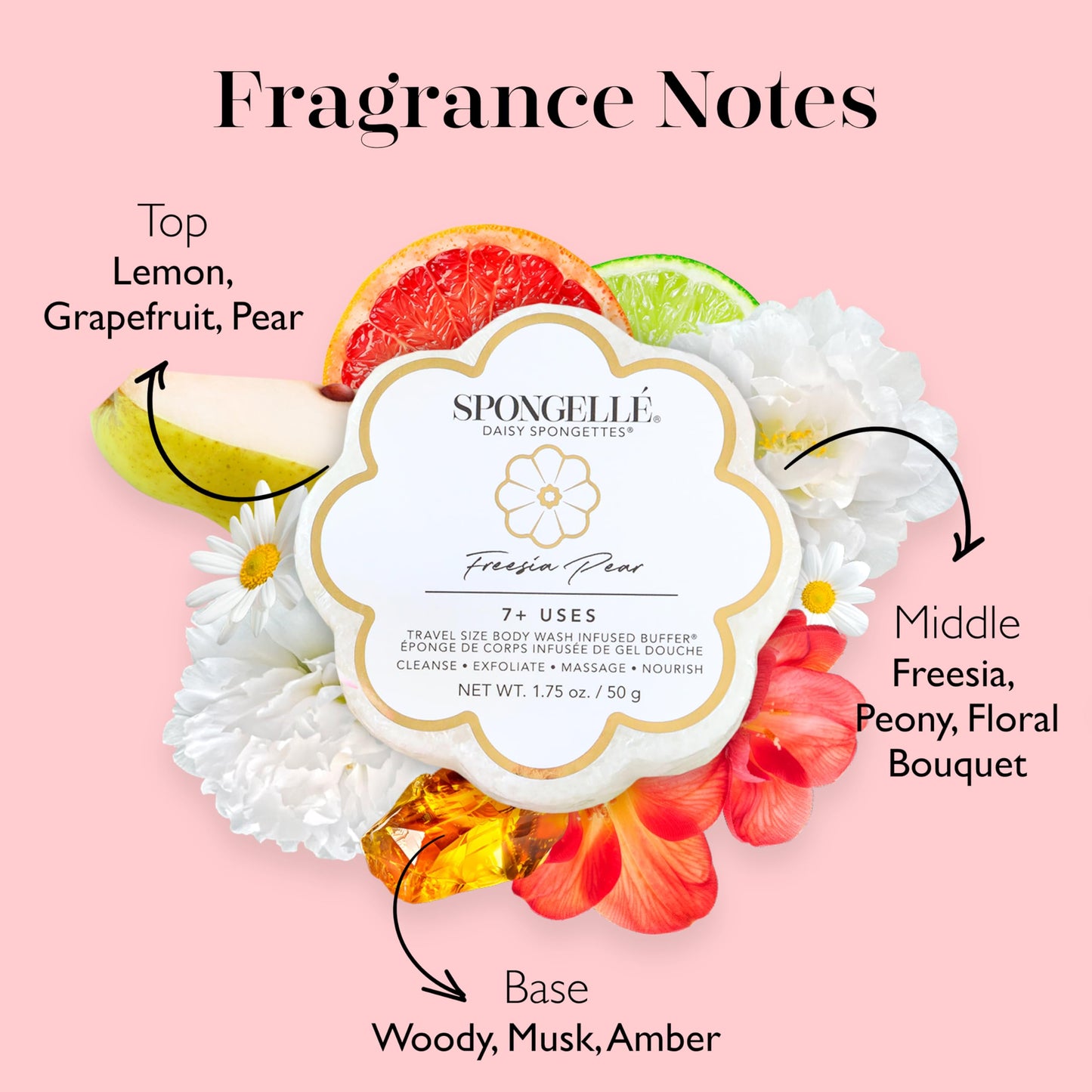 Spongellé Freesia Pear Daisy Spongette Bath Sponge - Built-in Body Wash & Body Scrubber, Shower Loofah Sponge for Women, Travel Essentials - 7+ uses Beauty and Personal Care SPONGELLÉ