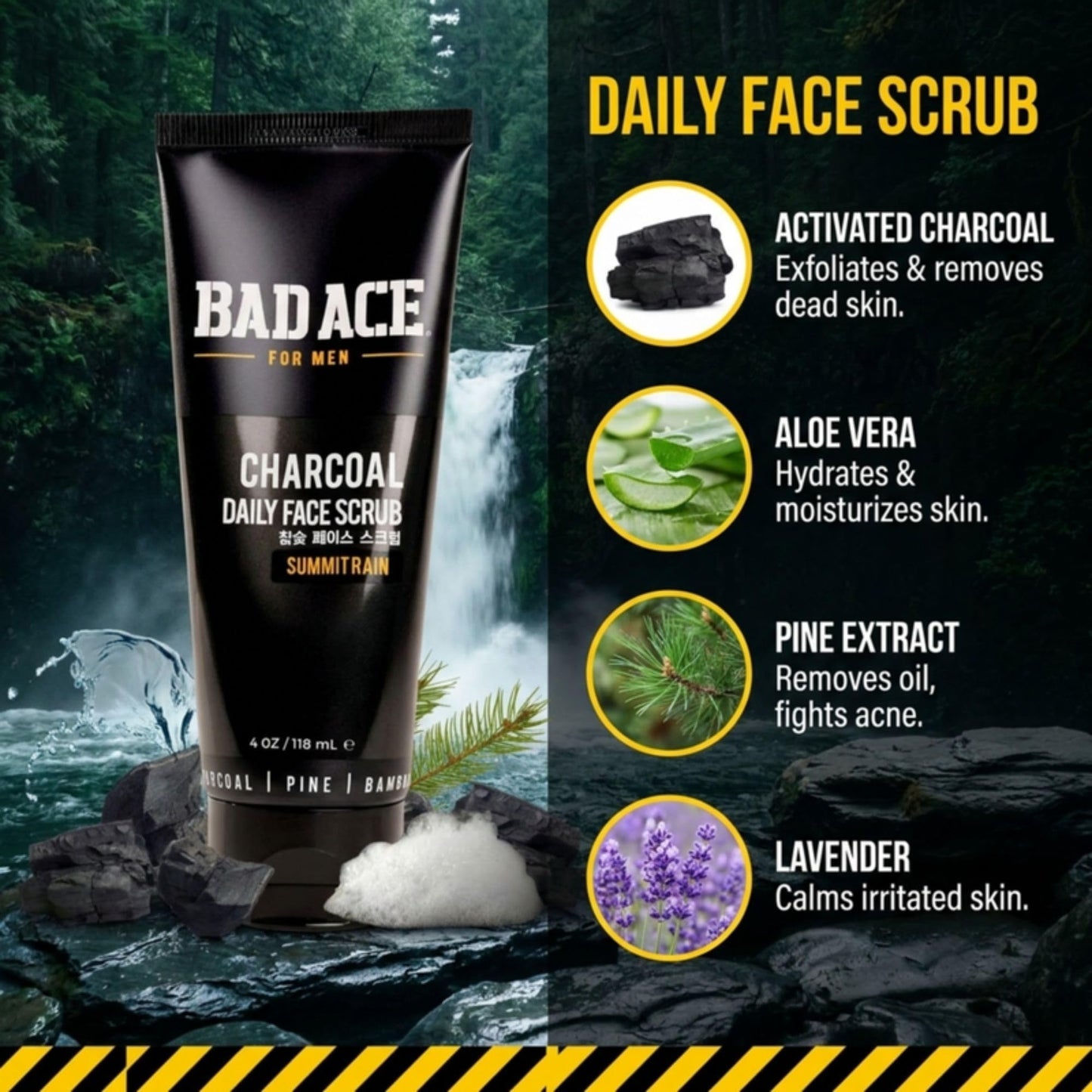 BAD ACE Daily Men's Charcoal Face Wash with Scrubs, Korean Exfoliating Face Wash - Premium Mens Face Scrub, Deep Cleansing Skin Care | Men's Facial Beauty & Personal Care BAD ACE