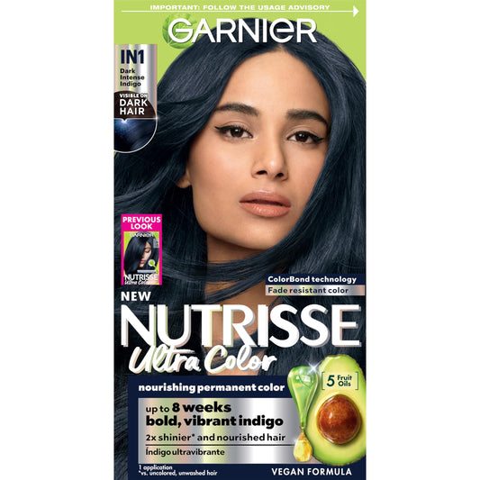 Garnier Hair Color Nutrisse Ultra Color Nourishing Creme, IN1 Dark Intense Indigo (Midnight Iris) Blue Permanent Hair Dye, 1 Count (Packaging May Beauty & Personal Care Garnier