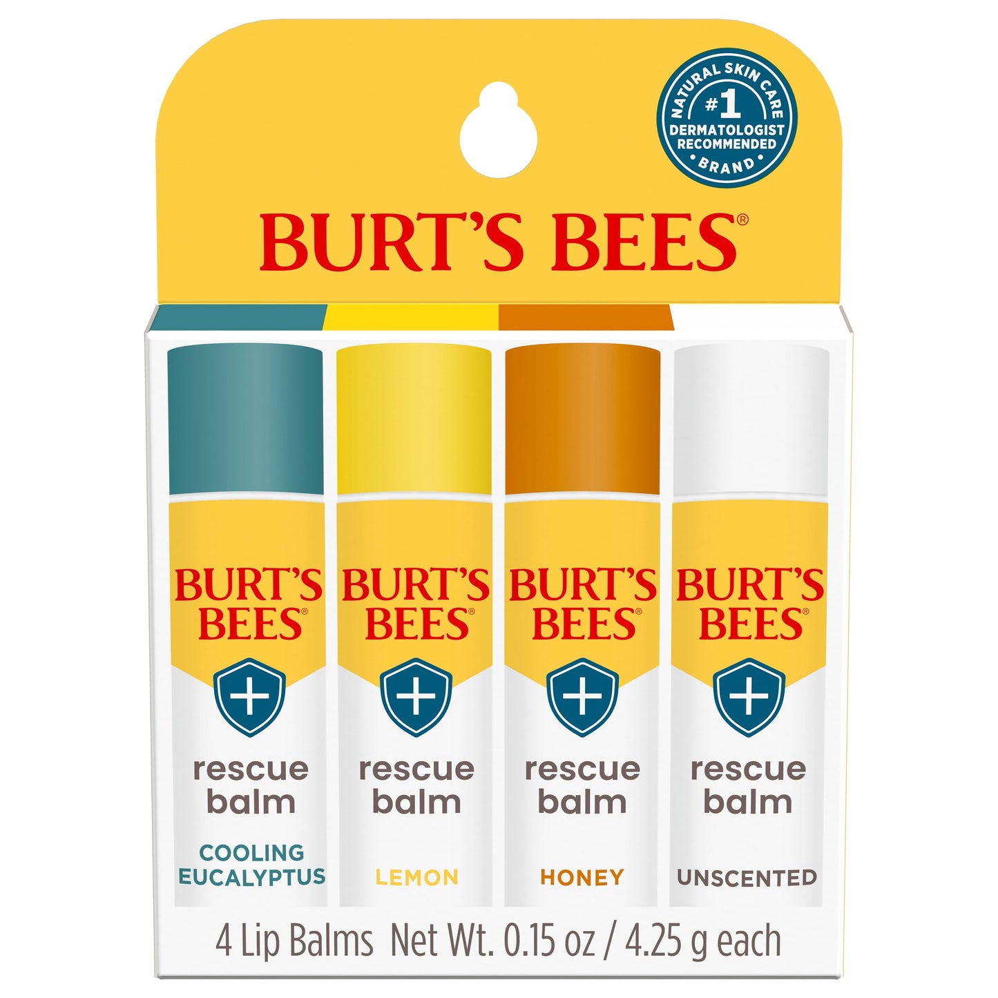 Burt's Bees 100% Natural Rescue Lip Balm, Cooling Eucalyptus, Lemon, Honey, Unscented, 4 Tubes Beauty and Personal Care Burt's Bees