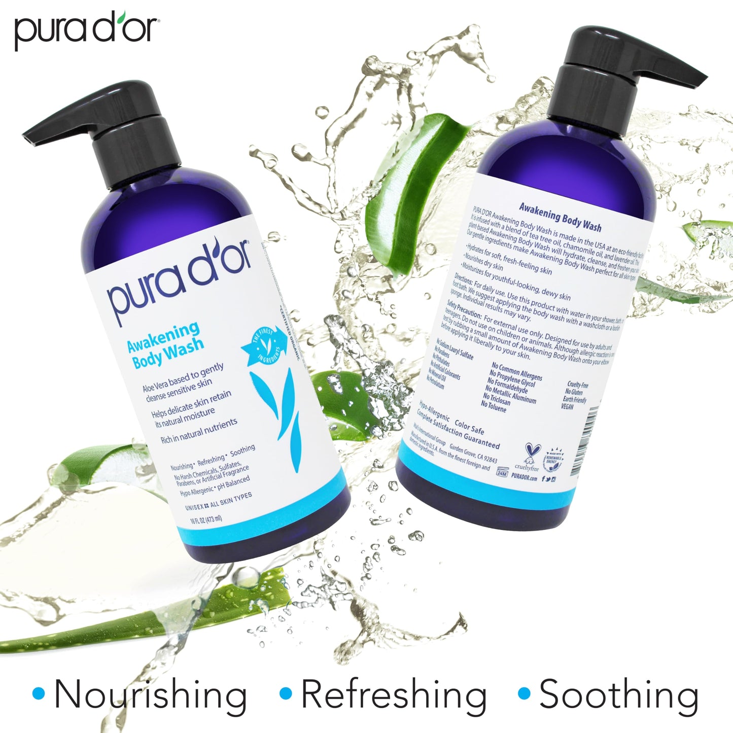 PURA D'OR 16 Oz Awakening Body Wash with Aloe Vera, Chamomile, Lavender, Tea Tree and Natural Nutrients - pH Balanced for Moisturized Soft Beauty & Personal Care PURA D'OR