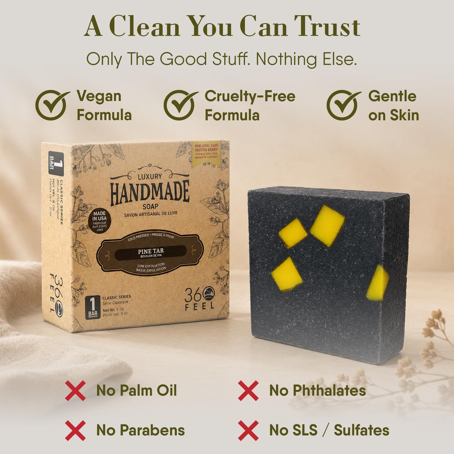360Feel Pine Tar Bar Soap - Made in The USA - Castile Handmade, All-Natural, Cold-Processed - Infused with Pine Tar for Relaxation & Calm - Rich Beauty & Personal Care 360Feel