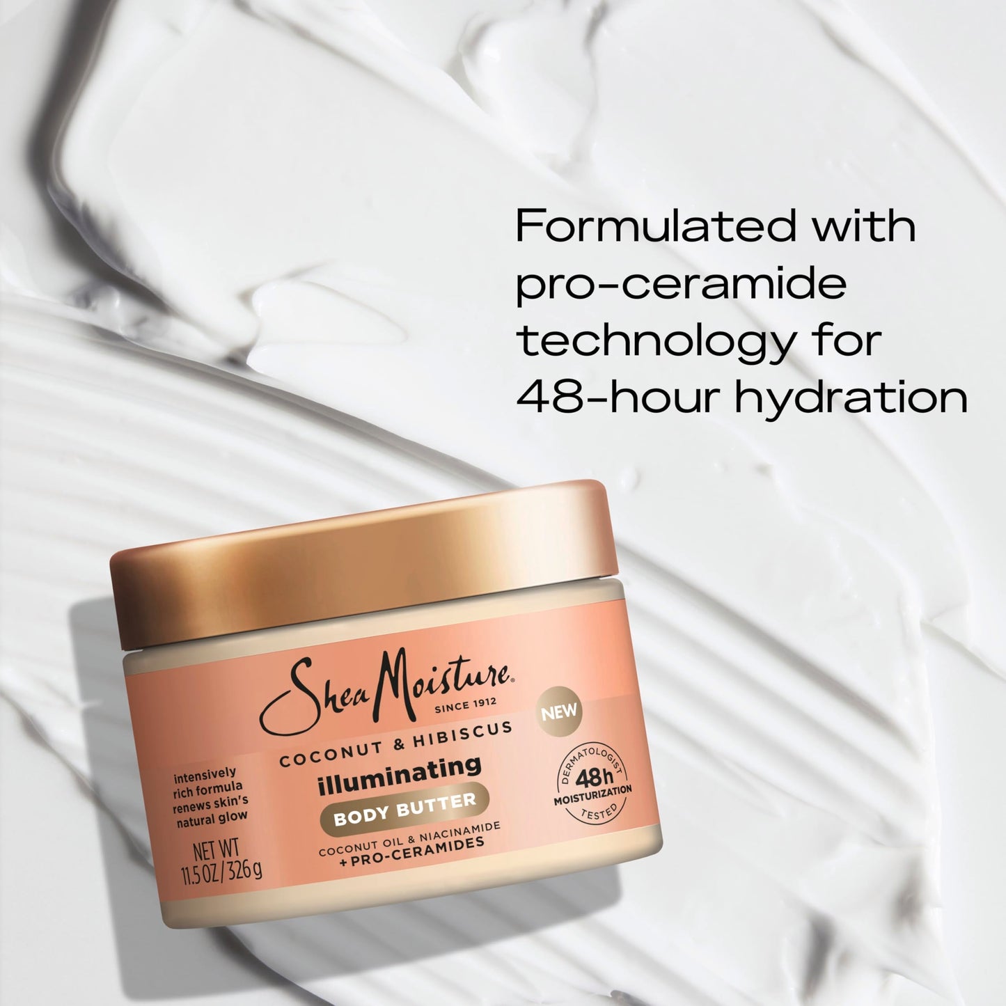 SheaMoisture Illuminating Body Butter with Coconut & Hibiscus, Niacinamide and Pro-Ceramides, Renewing Skin’s Natural Glow, 48H Moisturizing 11.5 oz Beauty & Personal Care Shea Moisture