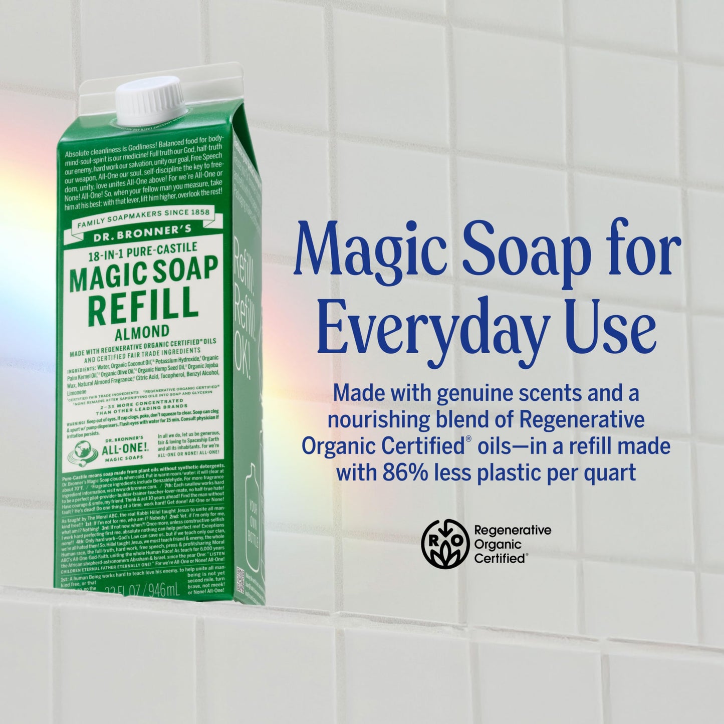 Dr. Bronner's Magic Soap Pure-Castile Liquid Soap Refill - Made with Regenerative Organic Certified Oils - 18-in-1 Uses for Face, Body Wash, Hand Soap Beauty & Personal Care Dr. Bronner's