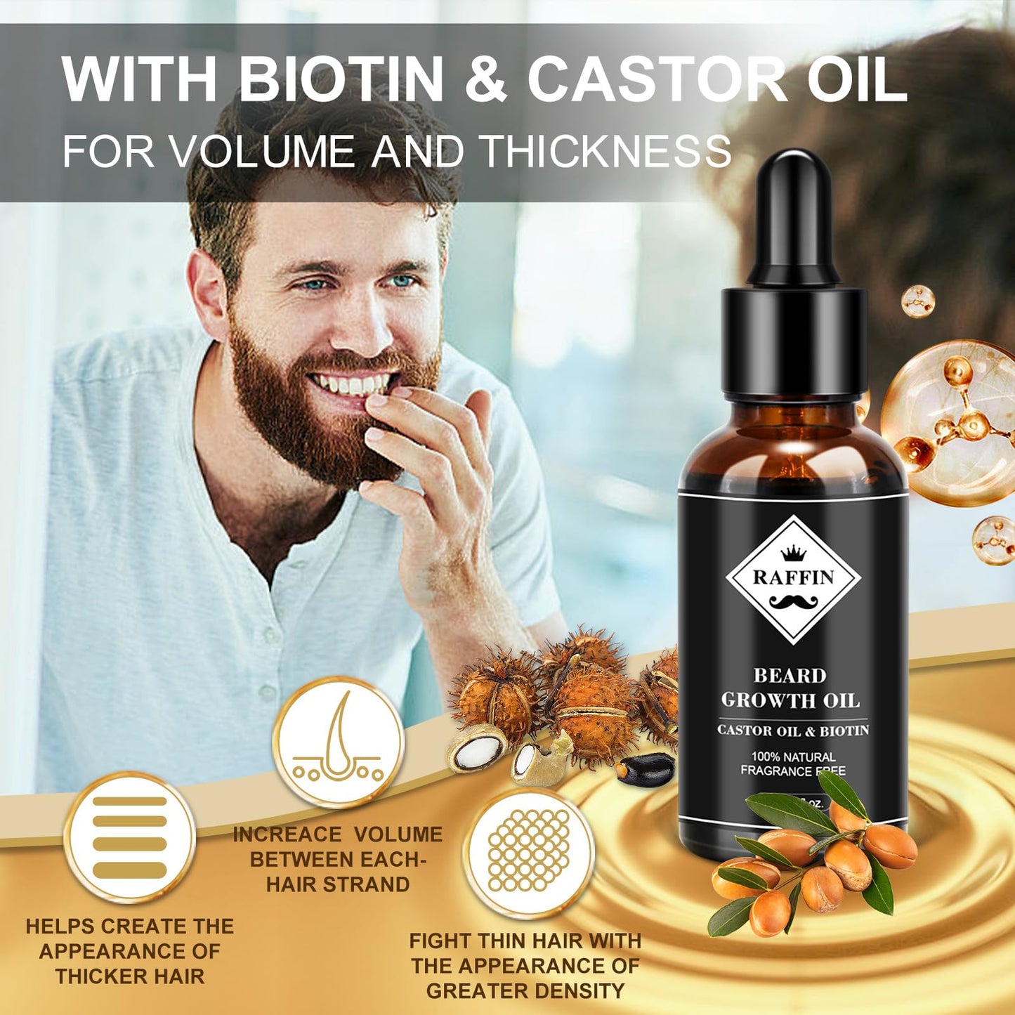 RAFFIN Beard Growth Kit, Beard Growth Oil (2Oz) w/3 X Thickening Biotin & Castor Oil for Spot/Patchy Beard, Achieve Fuller, Thicker, Healthier Beard Beauty and Personal Care RAFFIN