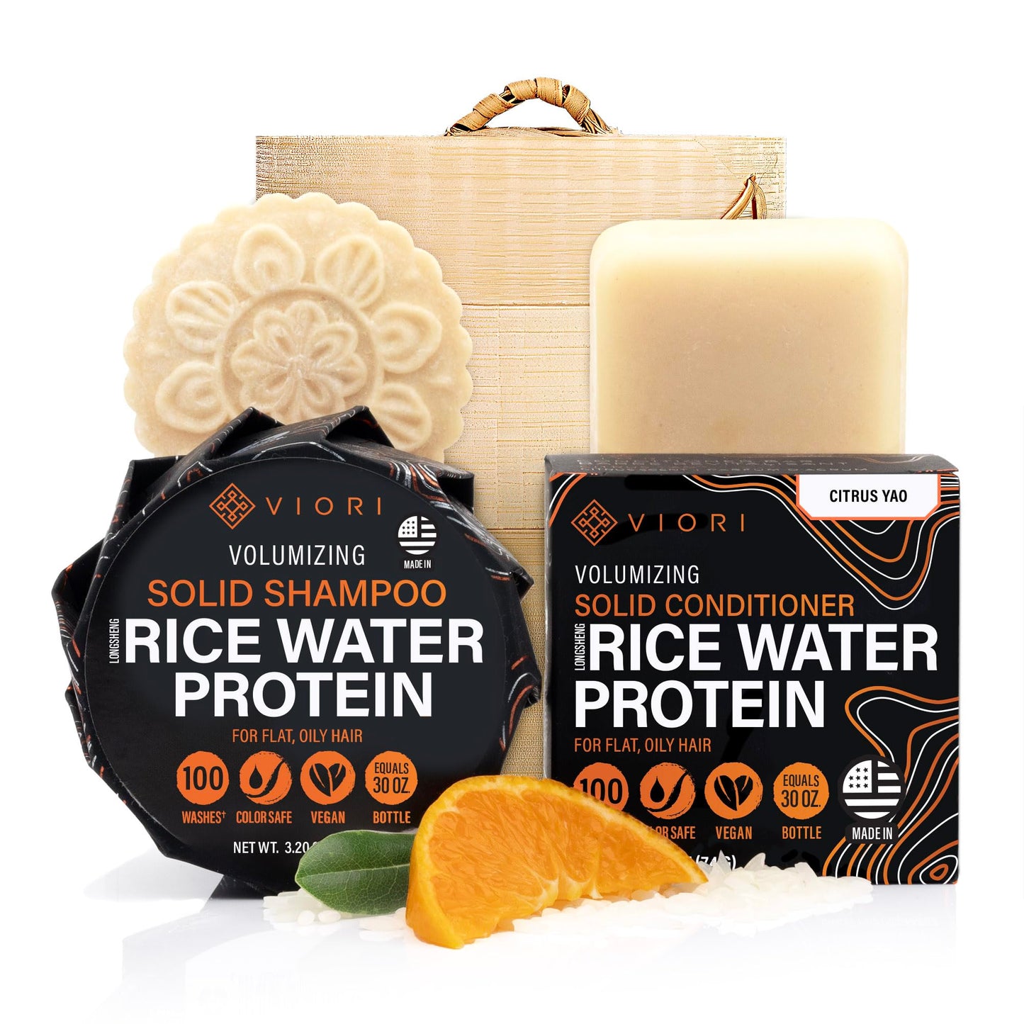 Viori Citrus Yao Shampoo and Conditioner Bar Set and Bamboo Holder - Made with Rice Water for Hair Growth - Handcrafted Sulfate Free Shampoo Beauty & Personal Care Viori