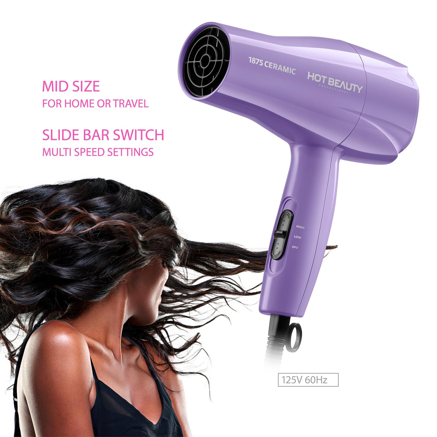 Hot Beauty 1875 Ceramic Hair Dryer, Powerful Fast Drying, Multi-Setting with Comb Attachment, Additional Detangler Included, Slide Bar Switch, Compact Beauty and Personal Care Hot Beauty