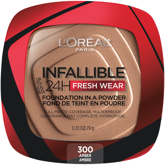 L'Oreal Paris Makeup Infallible Fresh Wear Foundation in a Powder, Up to 24H Wear, Waterproof, Amber, 0.31 oz. (Packaging May Vary)
