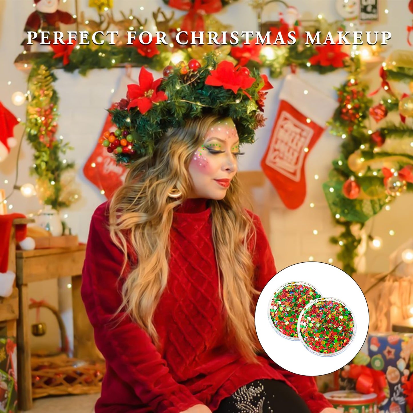 Red Green Gold Mixed Holographic Chunky Glitter, 13g (2 Jars x 6.5g) Crafts Glitter Powder with 10g Gel and Brush, Christmas Iridescent Nail Sequins Beauty & Personal Care Jremreo