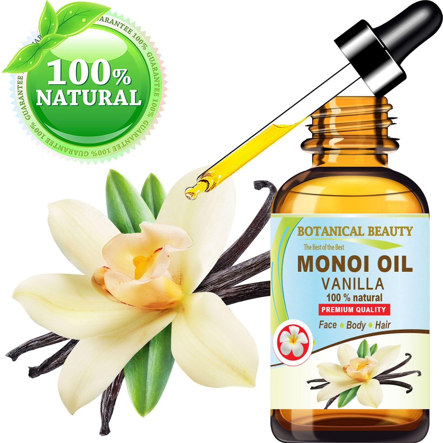 Botanical Beauty MONOI OIL VANILLA - Tiare flowers in Coconut Oil and Vanilla Bean Oil 100% Natural 2 Fl.oz - 60 ml Pure for FACE, SKIN, BODY, HAIR Beauty & Personal Care Botanical Beauty
