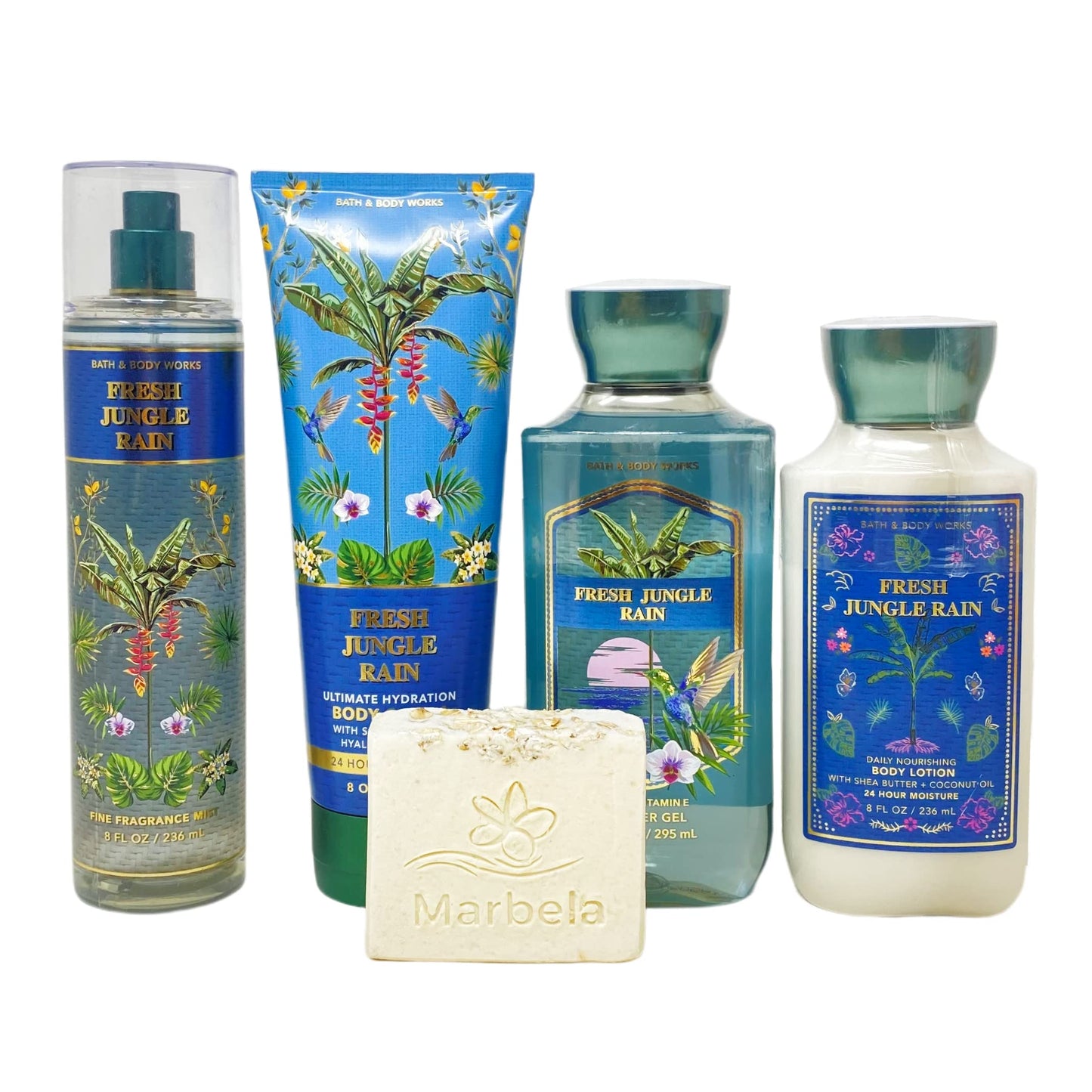 Bath & Body Works Fresh Jungle Rain 4 Piece Gift Set - Fragrance Mist - Body Cream - Shower Gel - Body Lotion - with a Natural Oats Bar Soap - Full Beauty and Personal Care Bath & Body Works