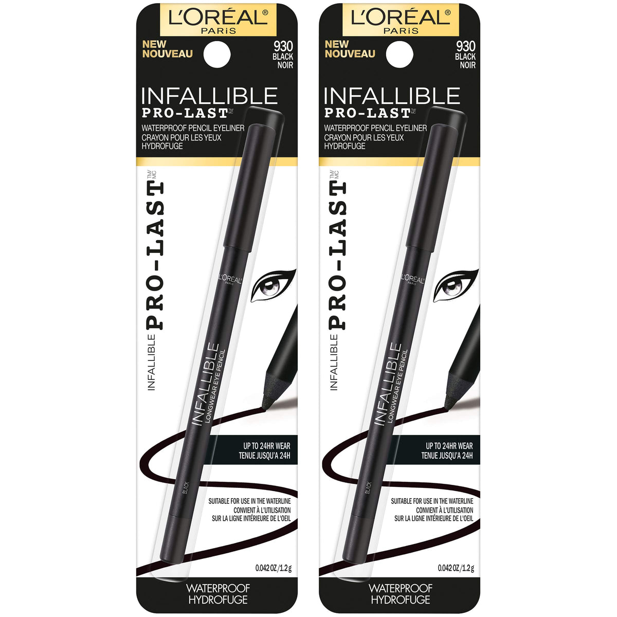 L'Oreal Paris Makeup Infallible Pro-Last Pencil Eyeliner, Waterproof and Smudge-Resistant, Glides on Easily to Create any Look, Black, 0.042 oz., 2