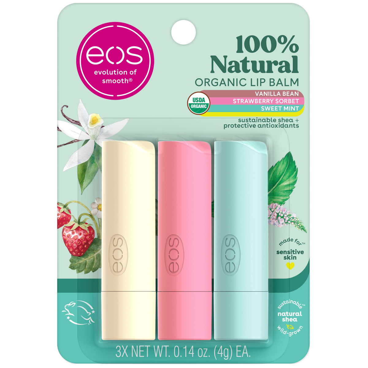 eos 100% Natural & Organic Lip Balm Trio- Vanilla Bean, Sweet Mint, & Strawberry Sorbet, Made for Sensitive Skin, Lip Care Products, 0.14 oz, 3-Pack Beauty & Personal Care eos
