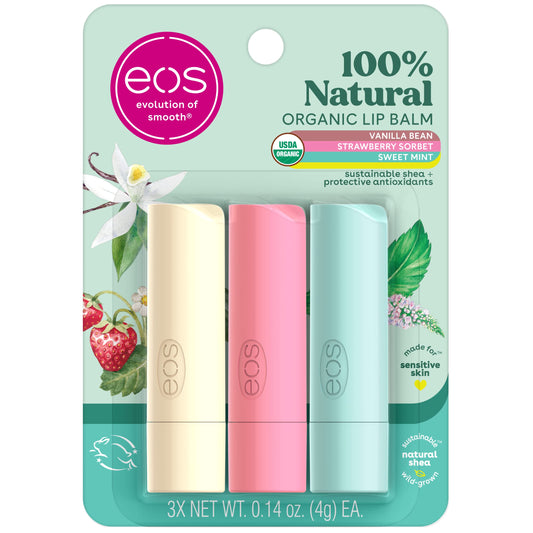 eos 100% Natural & Organic Lip Balm Trio- Vanilla Bean, Sweet Mint, & Strawberry Sorbet, Made for Sensitive Skin, Lip Care Products, 0.14 oz, 3-Pack Beauty & Personal Care eos