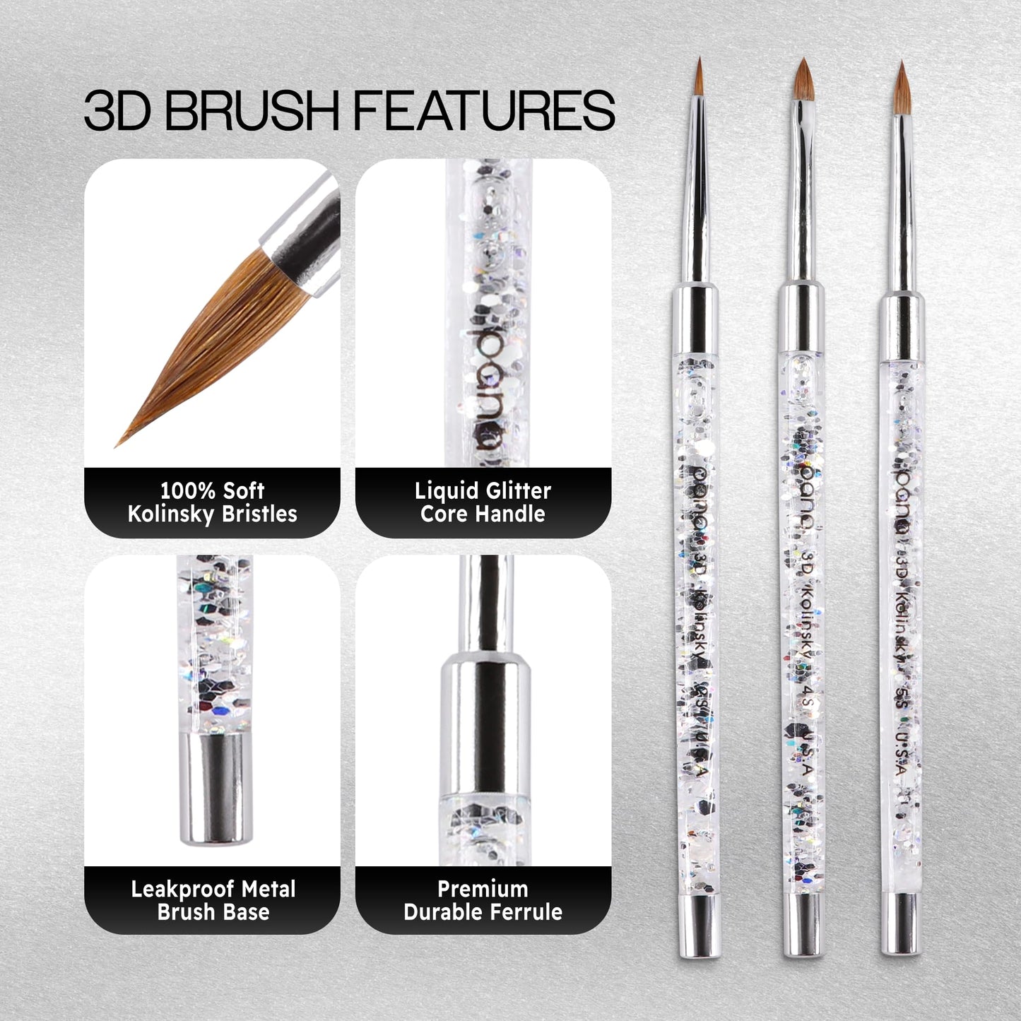 PANA 3D Kolinsky Nail Art Brush - Silver Glitter Handle, Size 4 - Acrylic Nail Art Sculpture Brush for Manicures Pedicure Salon Professional or Beauty & Personal Care PANA