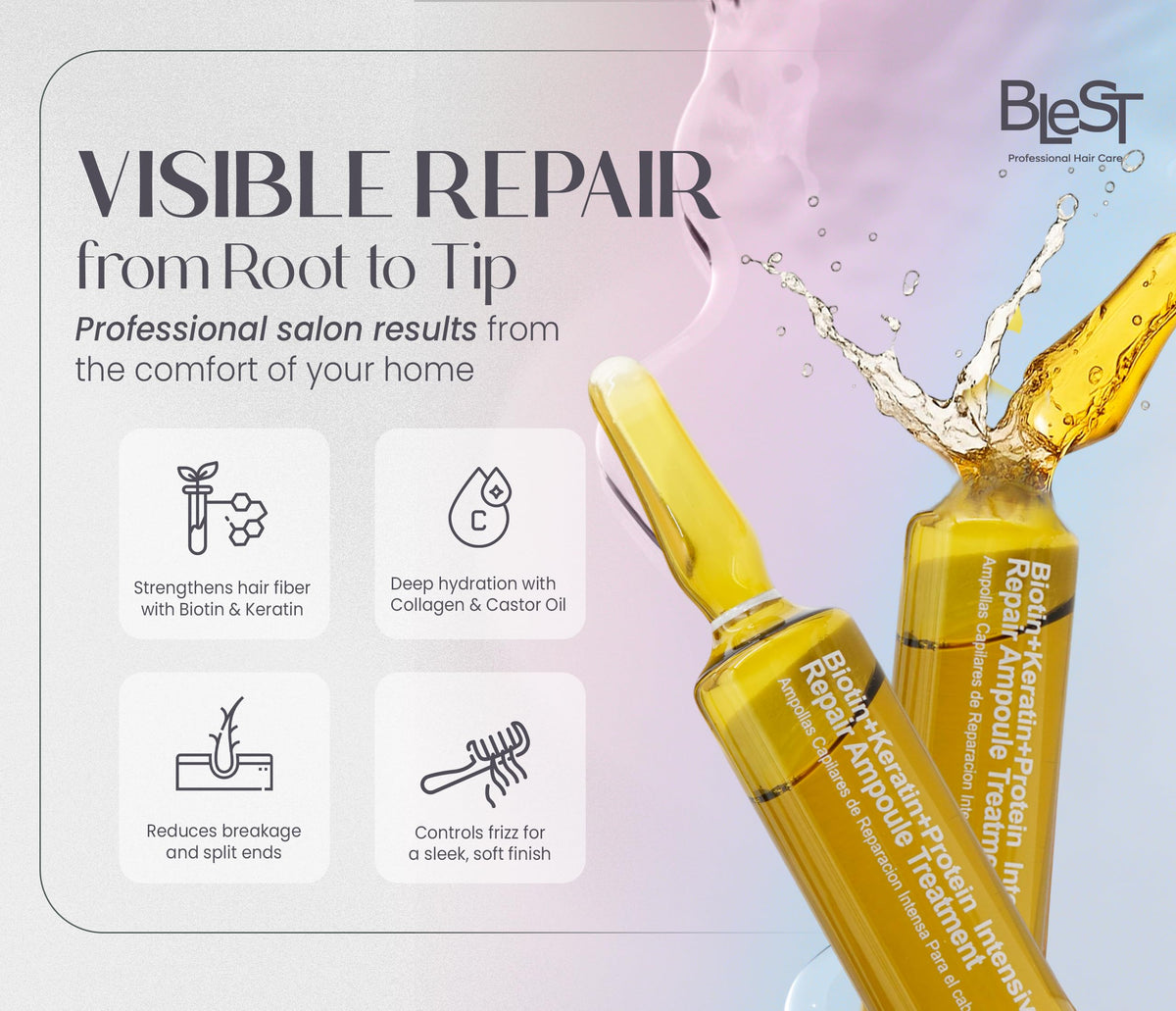 BLEST PROFESSIONAL HAIR CARE Intensive Repair Ampoules for Hair with Biotin Keratin Proteins Collagen and Castor Oil - Deep Hydration and
