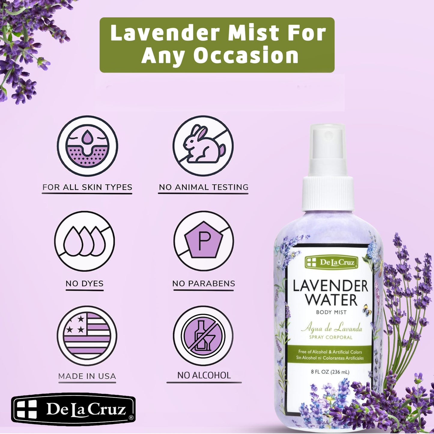 De La Cruz Lavender Water Body Mist - Lavender Spray body mist With Pure Lavender Essential Oil 8 fl oz (236 mL) Beauty & Personal Care De La Cruz